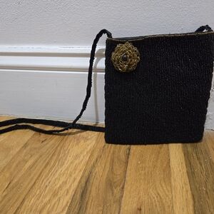 Vintage Black & Gold Beaded Evening Bag • Beaded Purse • Retro Party Clutch